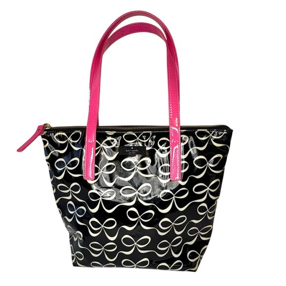 Kate Spade Vinyl Bow Small Tote Handbag Black White Pink | Top Handle Purse - Picture 1 of 13
